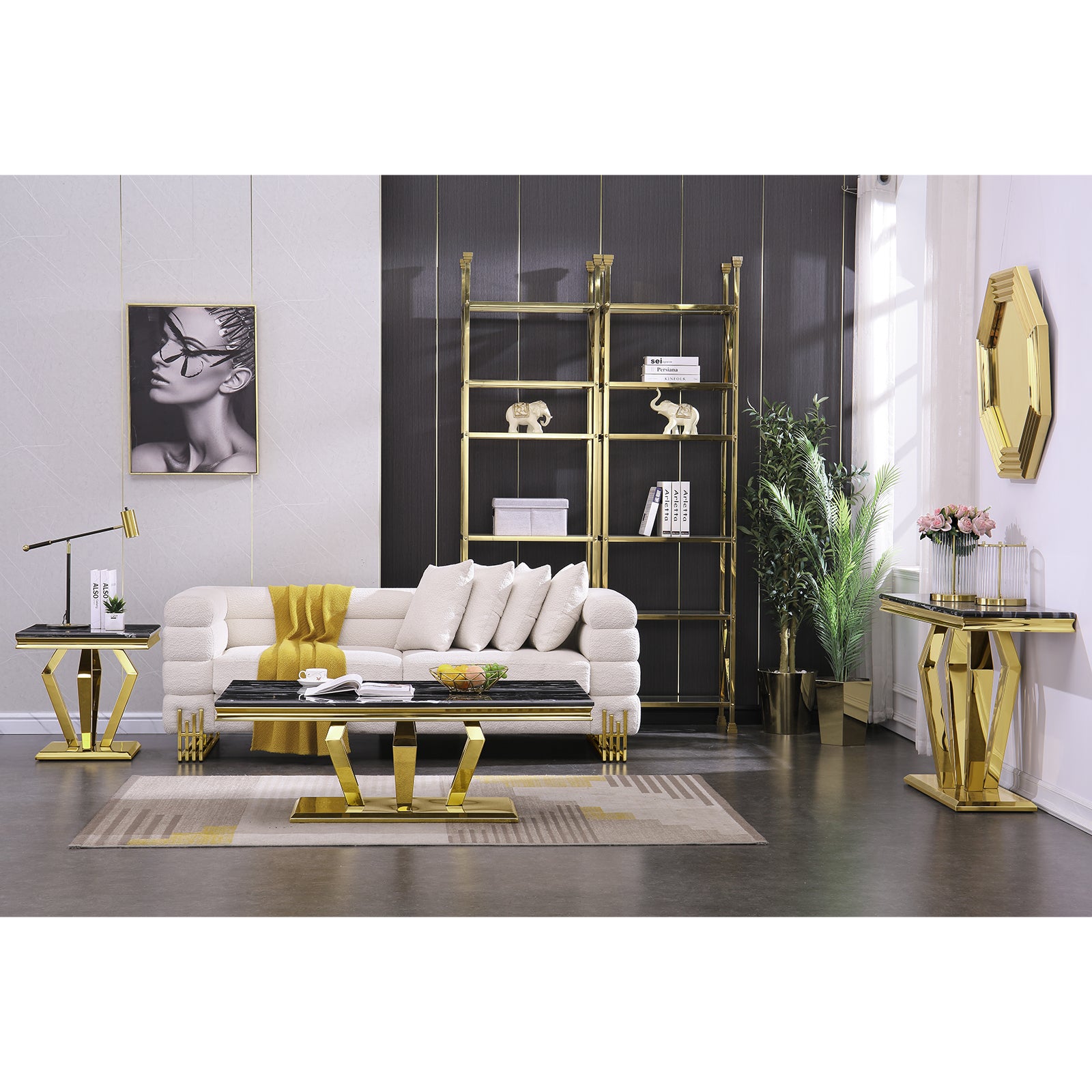 End Table with Gold Geometric Metal Base | E415