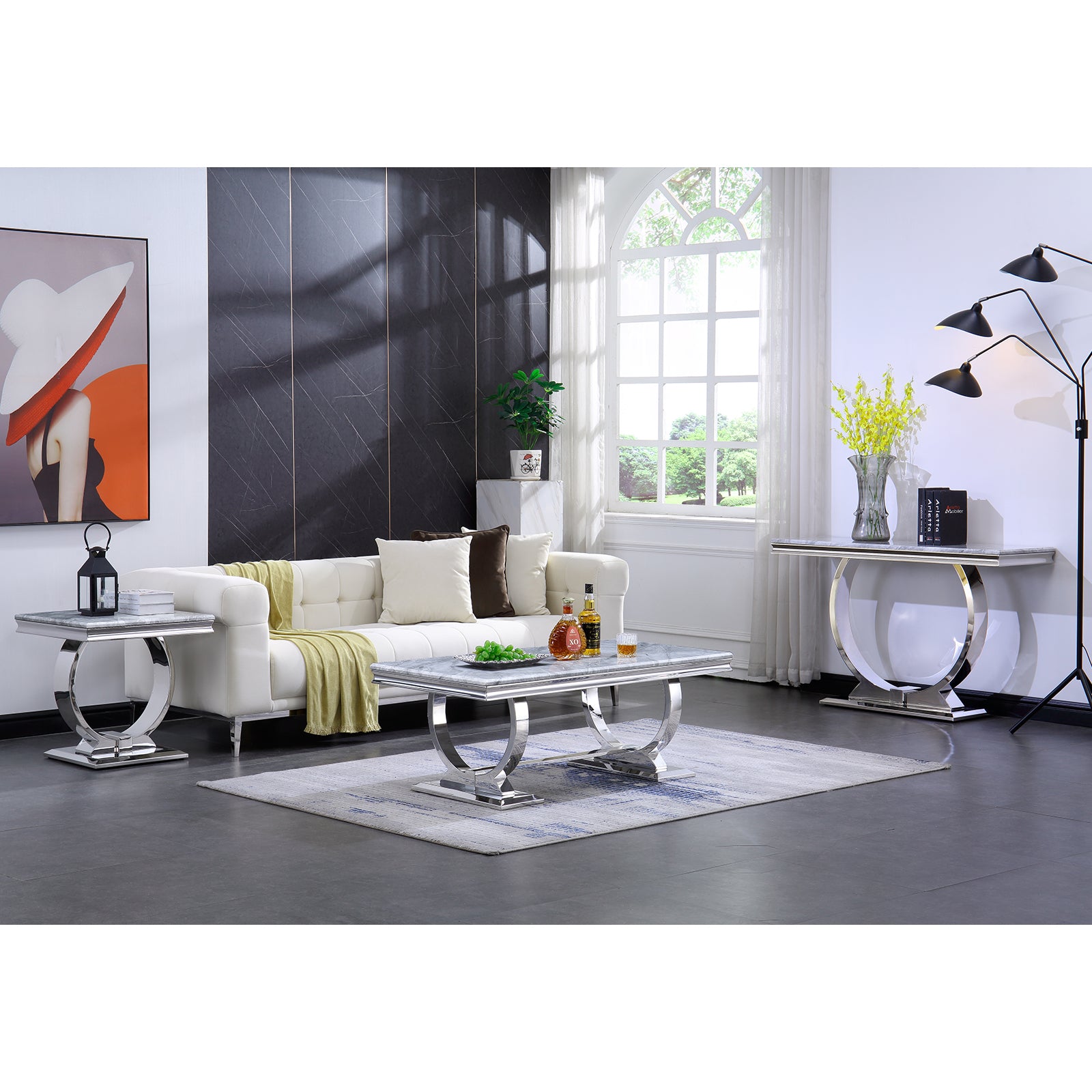 Silver sofa table with metal base | S502