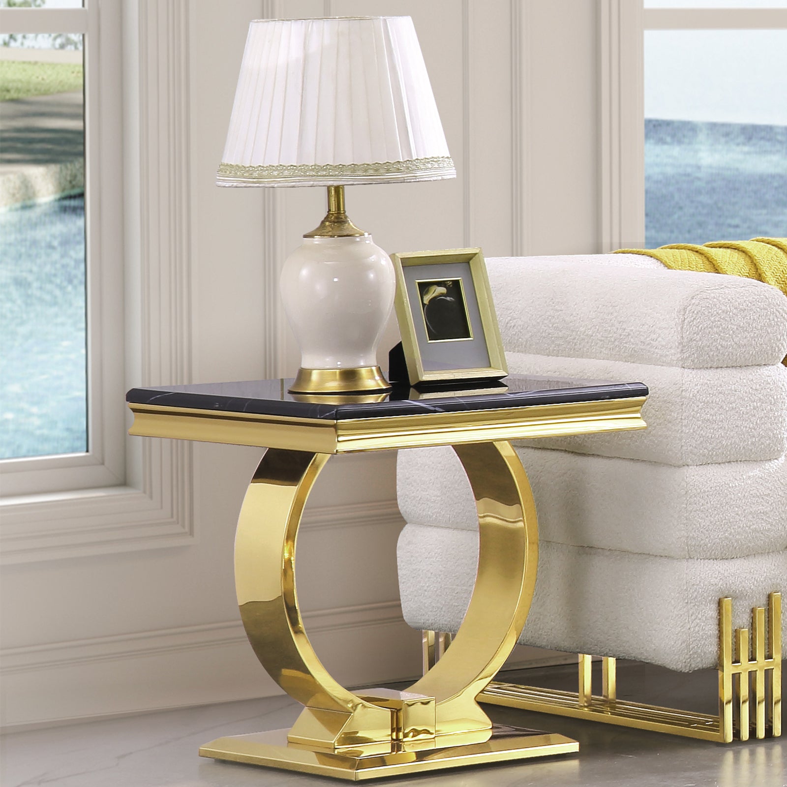 Black End Table With Gold Metal U Base | E400