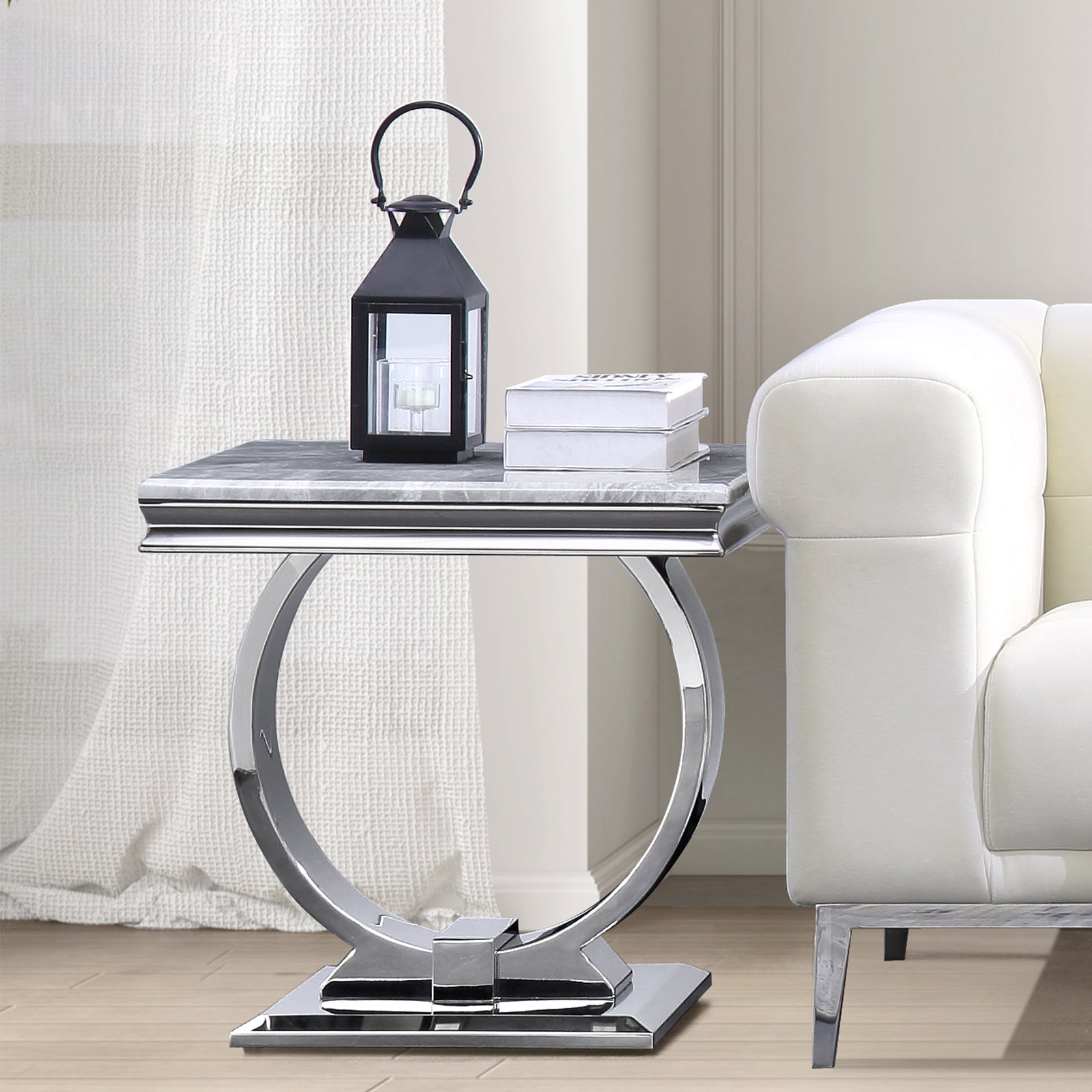 Silver End Table With Silver Metal U Base | E402