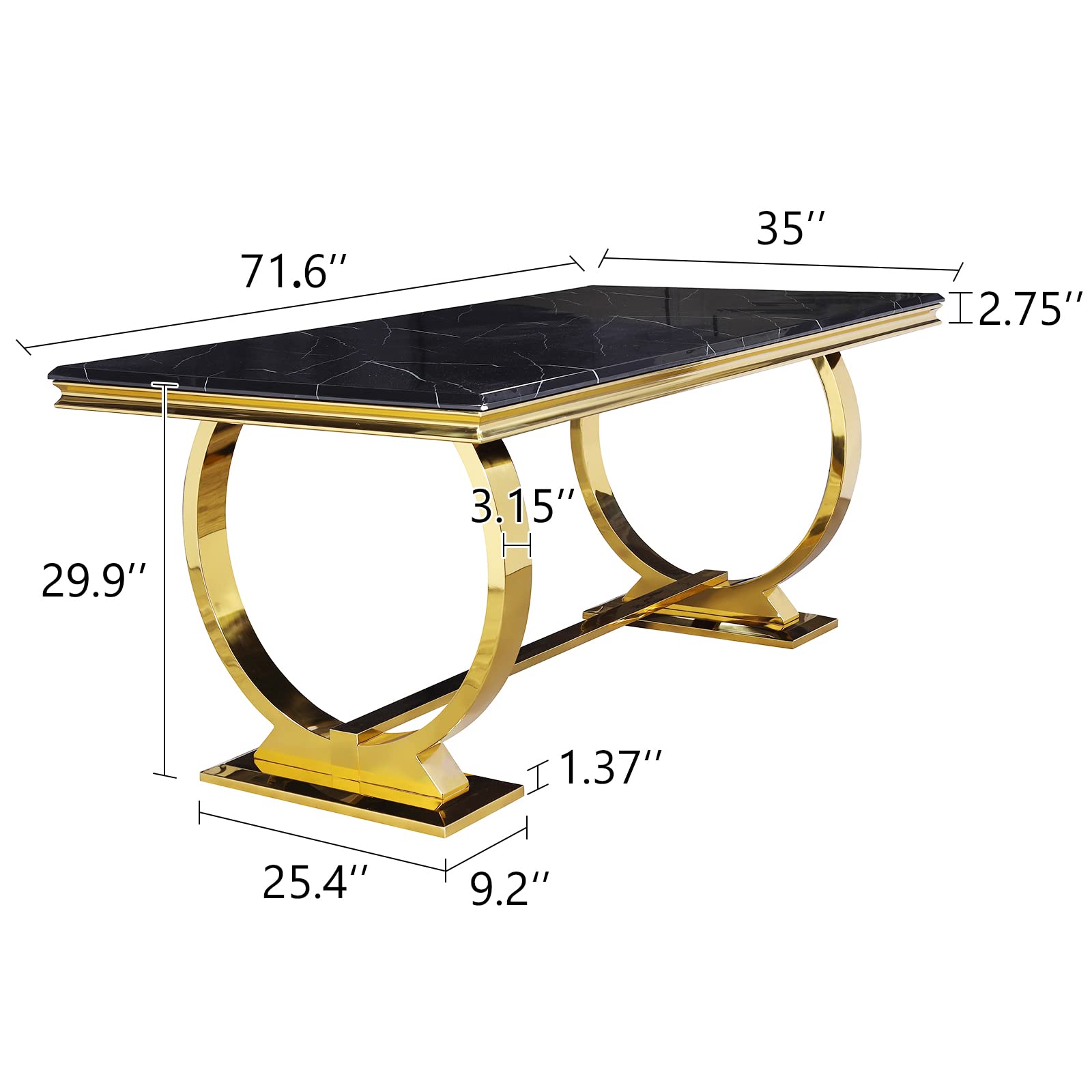 Black DIning table | 72" Rectangle Top | Gold Metal U Base| T207