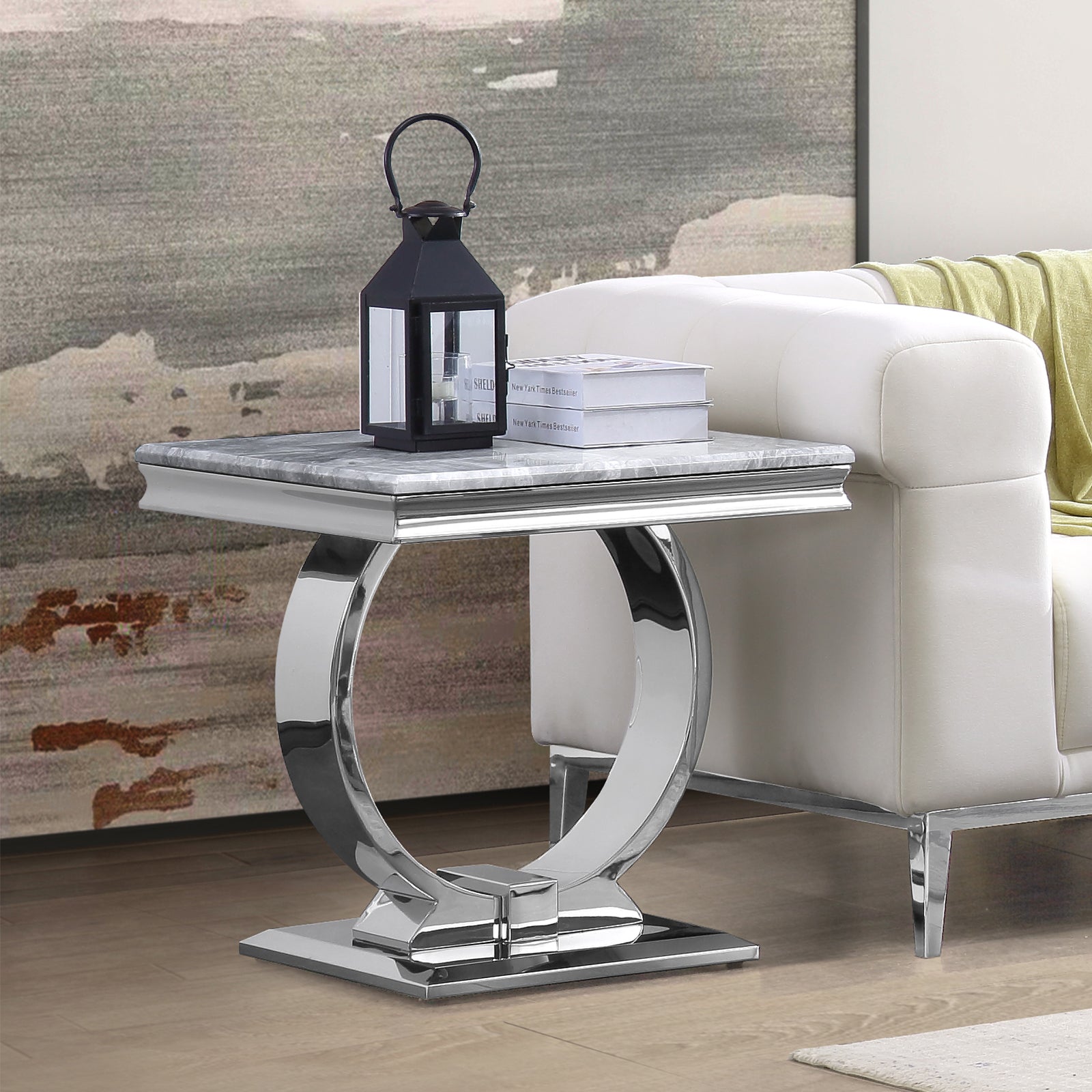 Silver End Table With Silver Metal U Base | E402