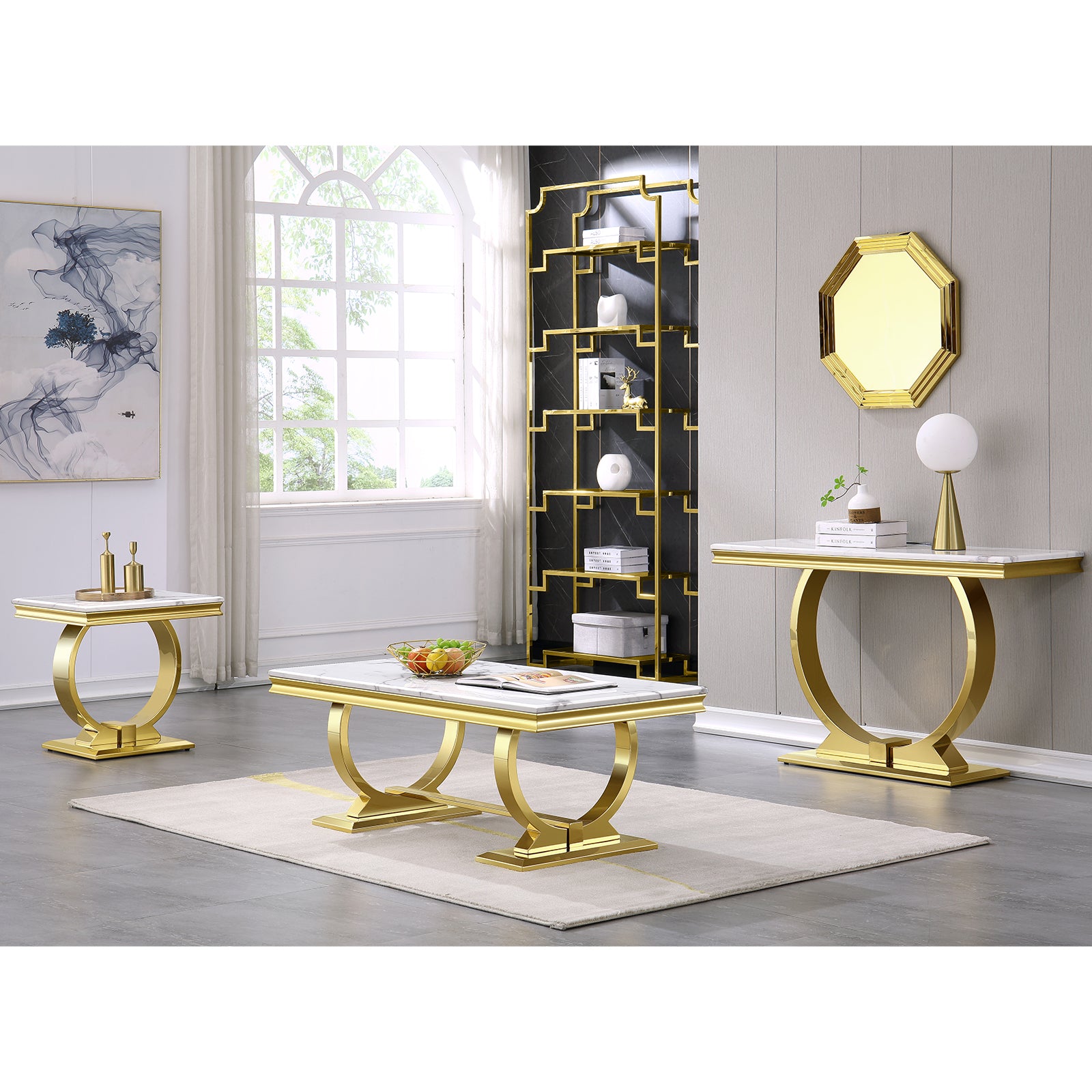 White End Table With Gold Metal U Base| E401