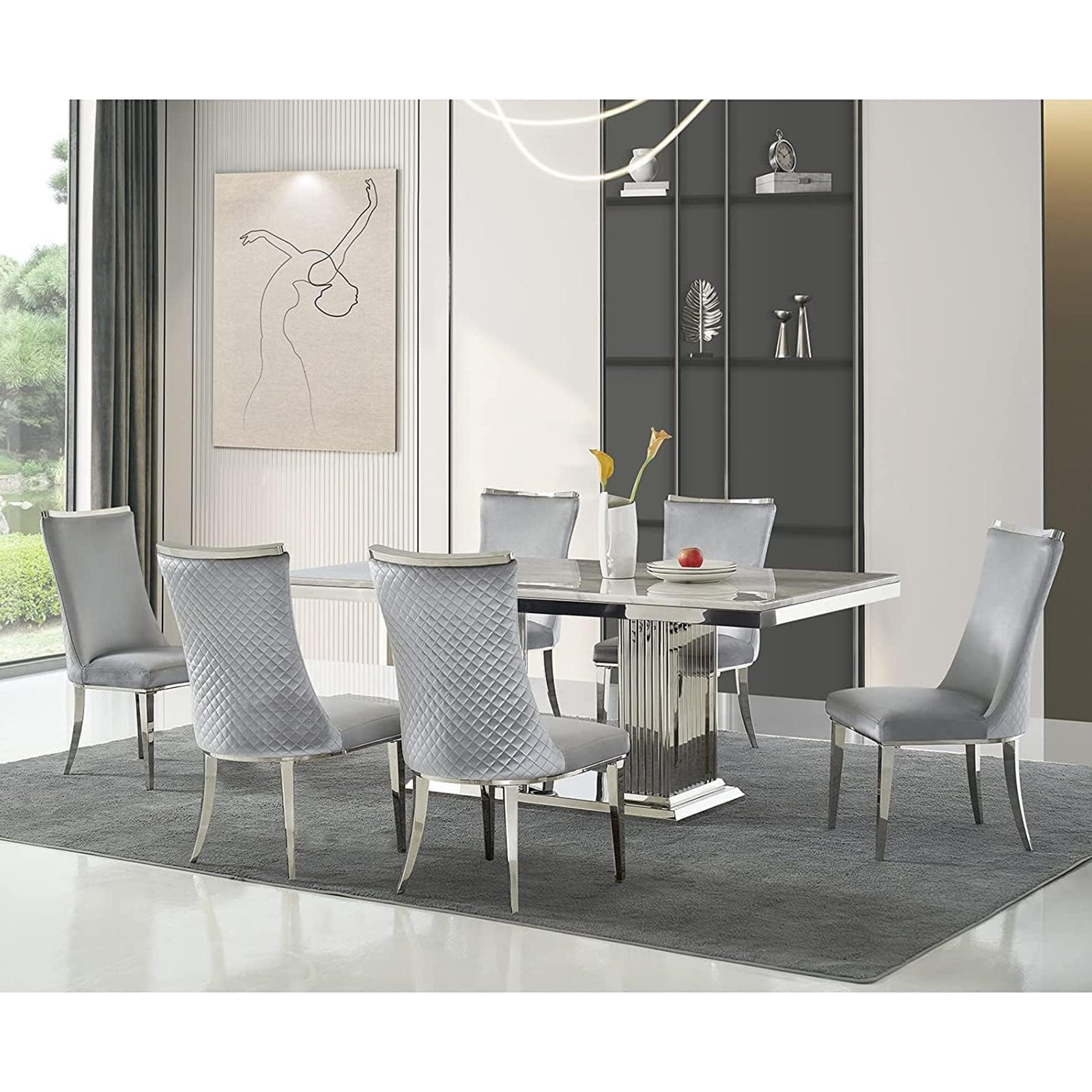 Light gray Velvet Dining Chairs | Reticulate Texture Back| Silver Metal Legs | C138
