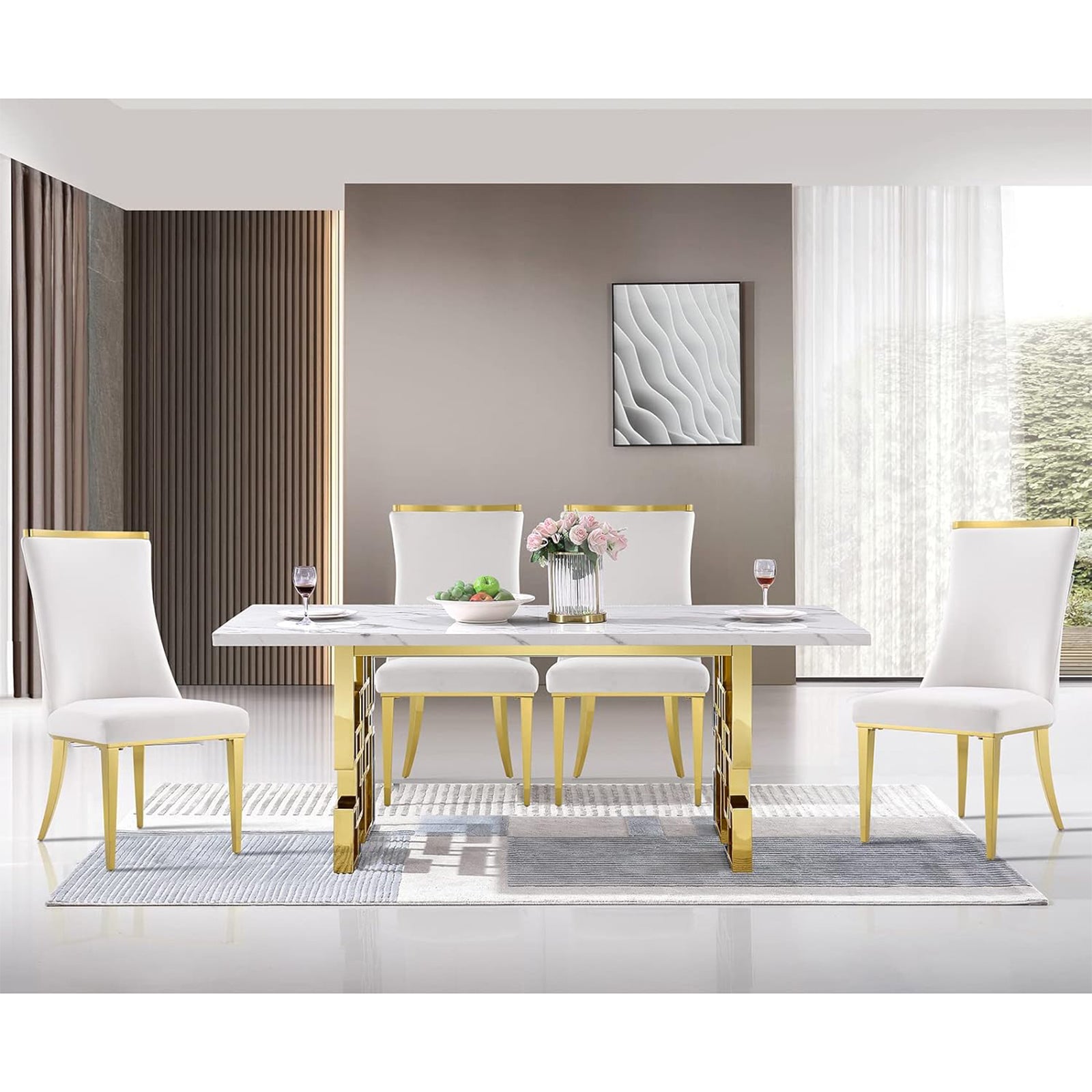 Wholesale White Velvet Dining Chairs with Reticulate Texture Back and Gold Stainless Steel Legs
