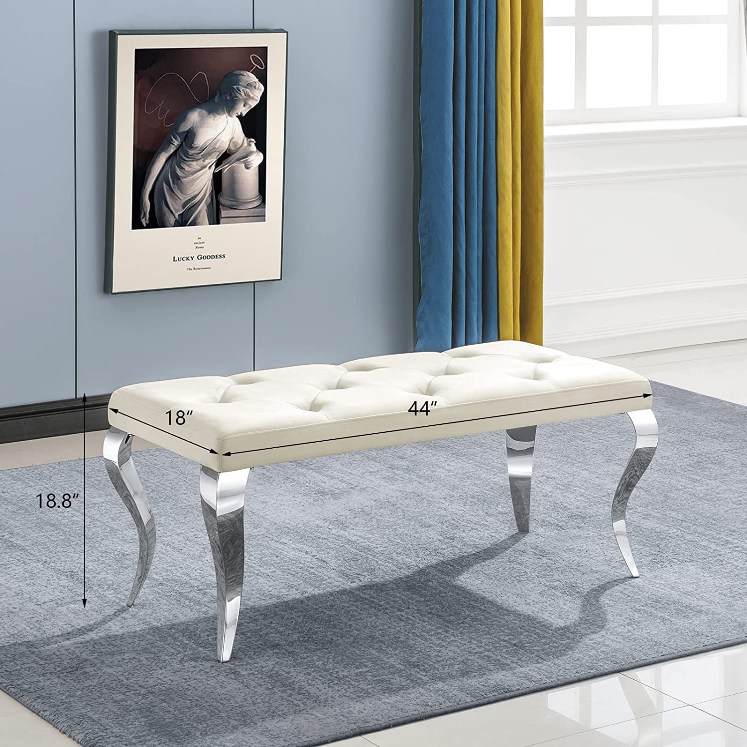 Beige Velvet Bench with Silver Cabriole Legs | B105