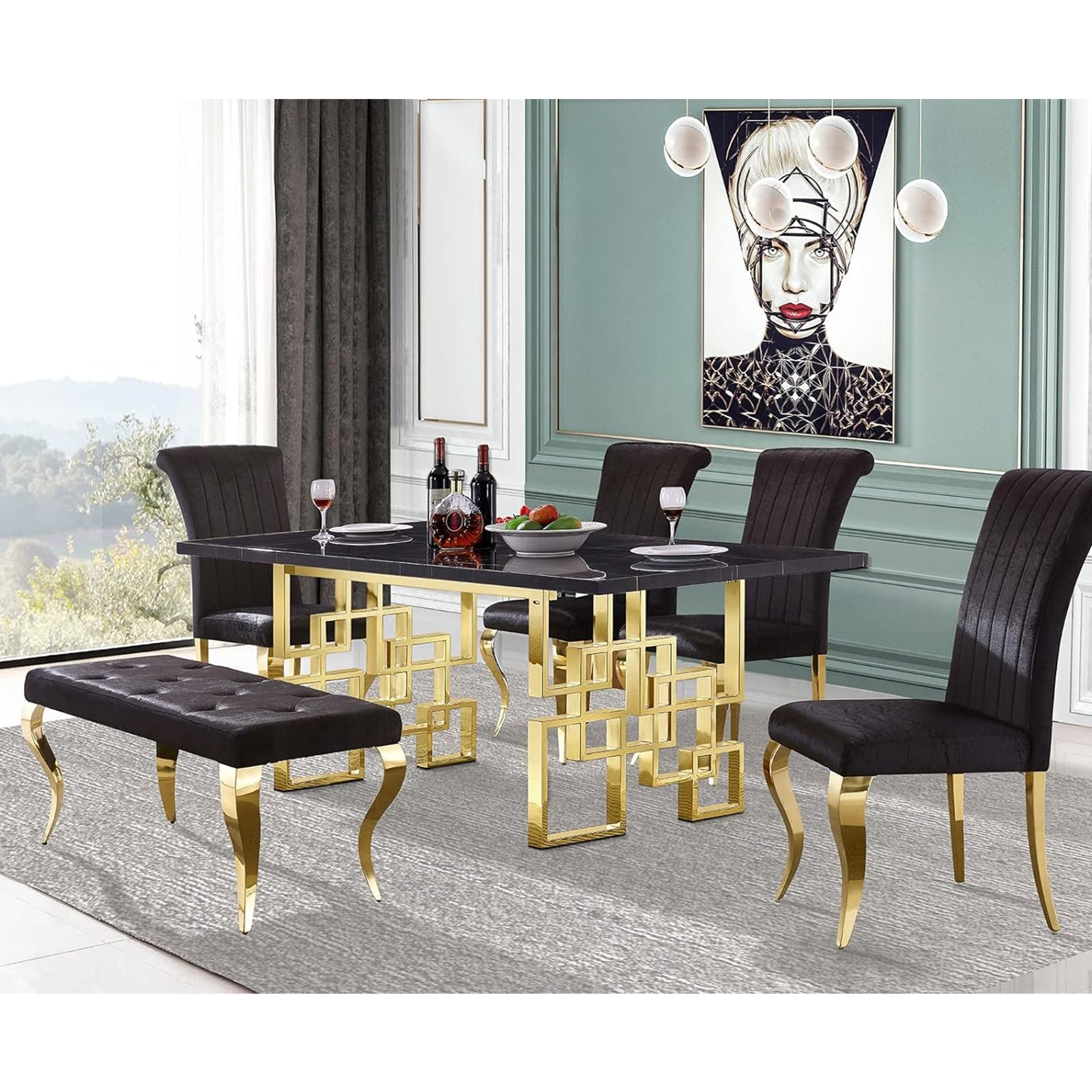 Black Velvet Benche with Gold cabriole Legs | B106