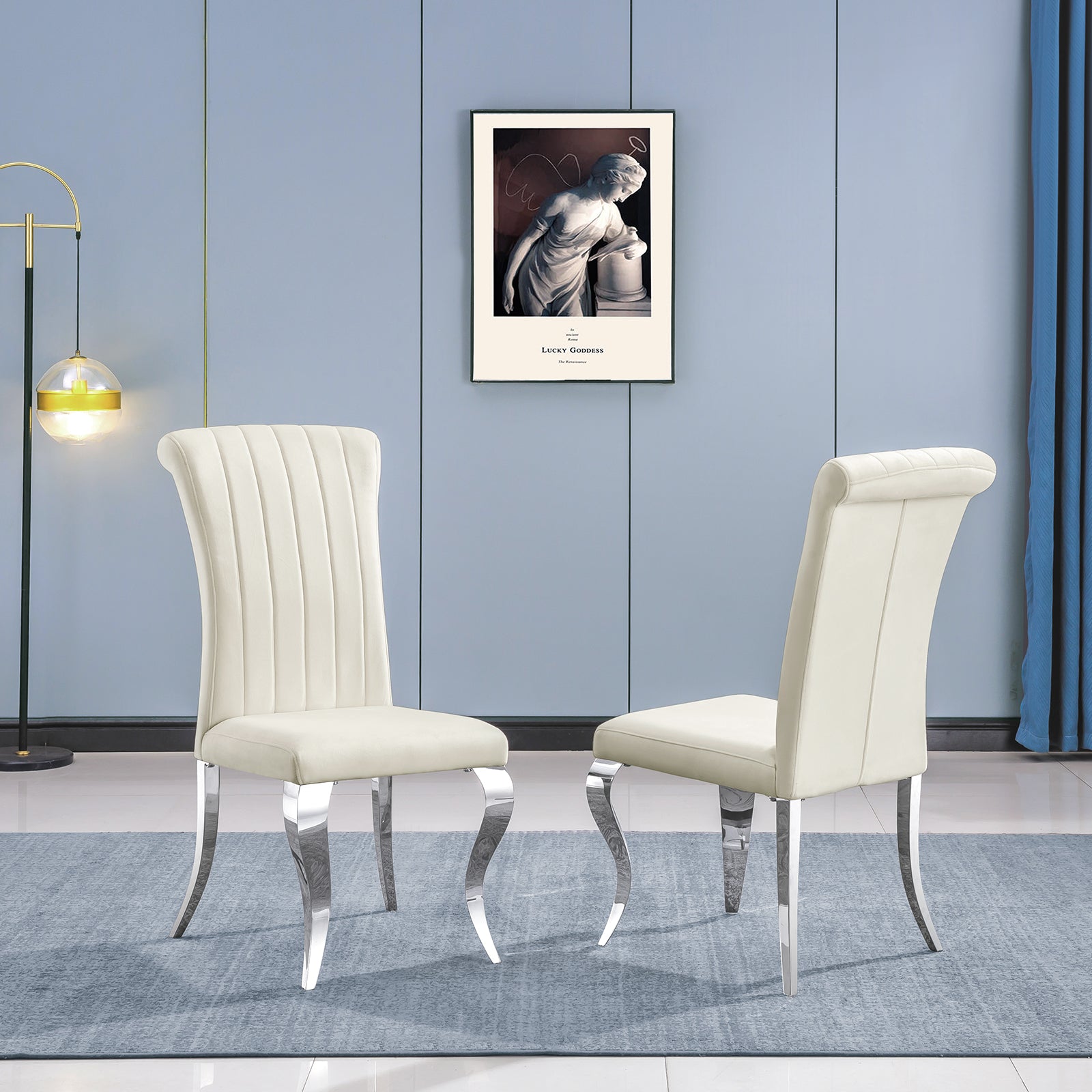 White Velvet Dining Chairs | Channel Roller Back| Silver metal legs | C127