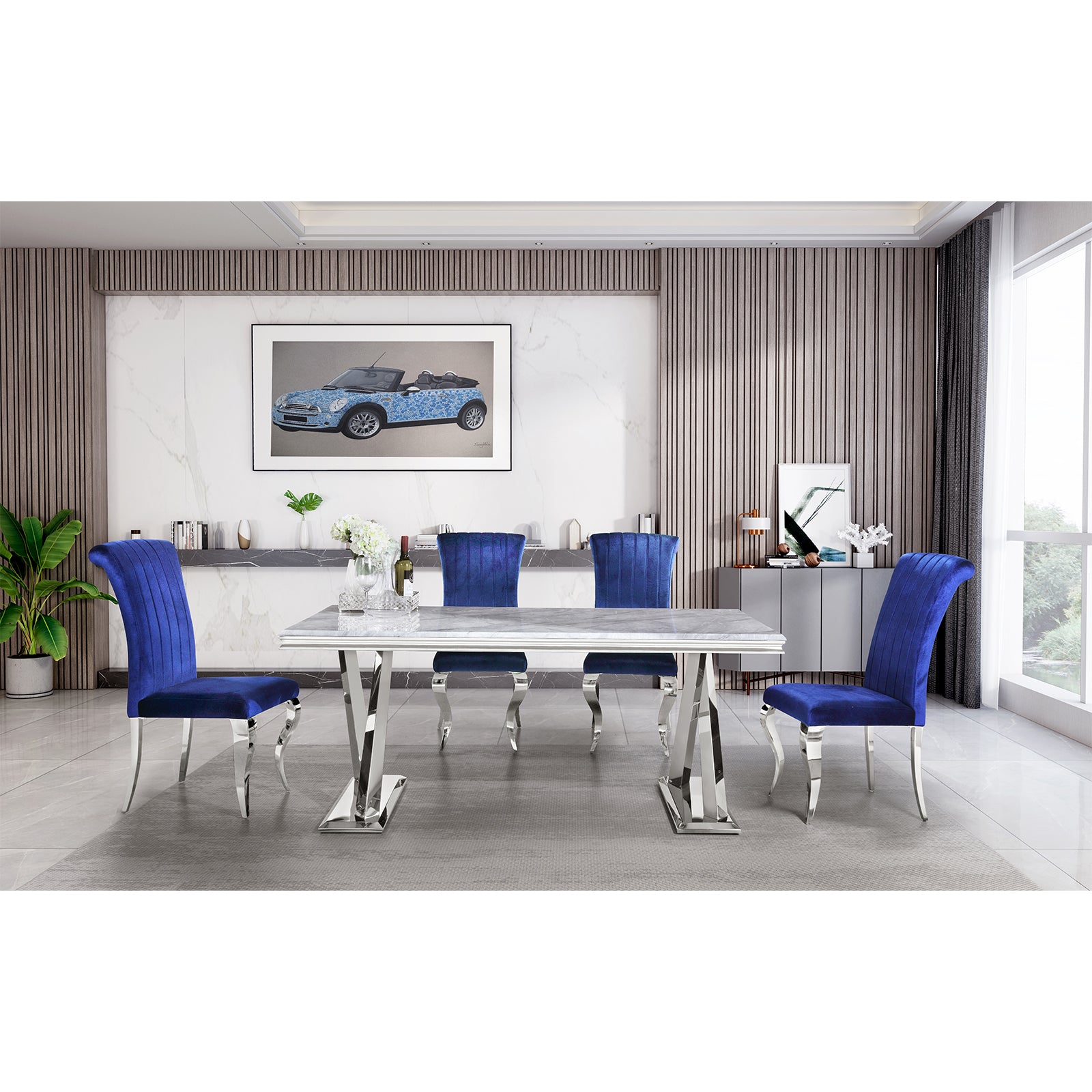 Blue Velvet Dining Chairs | Channel Roller Back| Silver metal legs | C129