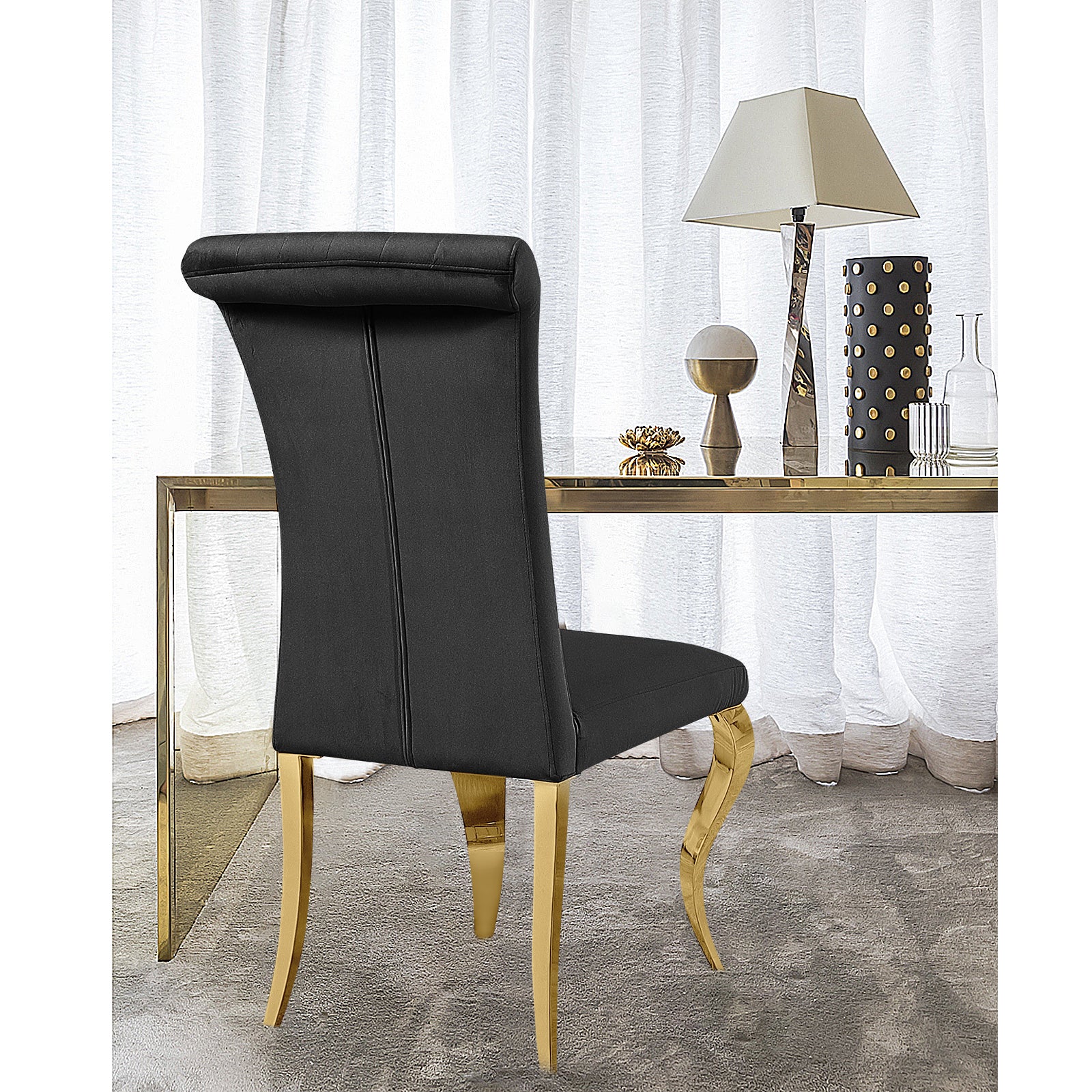 Black Velvet Dining Chairs | Channel Roller Back| Gold metal legs | C130