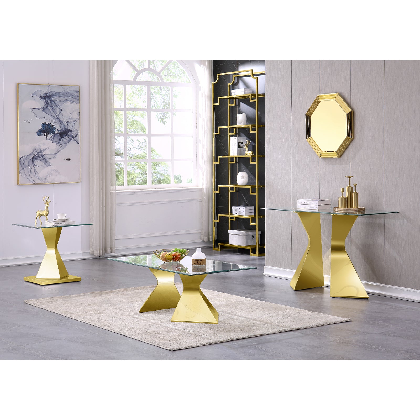 Glass Sofa Table with metal gold L-shaped legs | S518