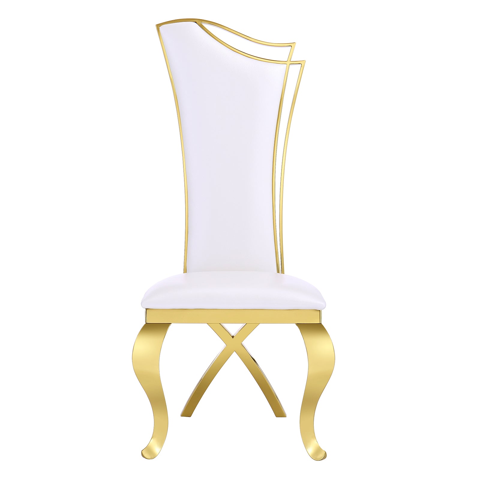 White Leather Upholstered Dining Chairs with Gorgeous Streamlined High Back and X-Shaped Metal Legs | C168