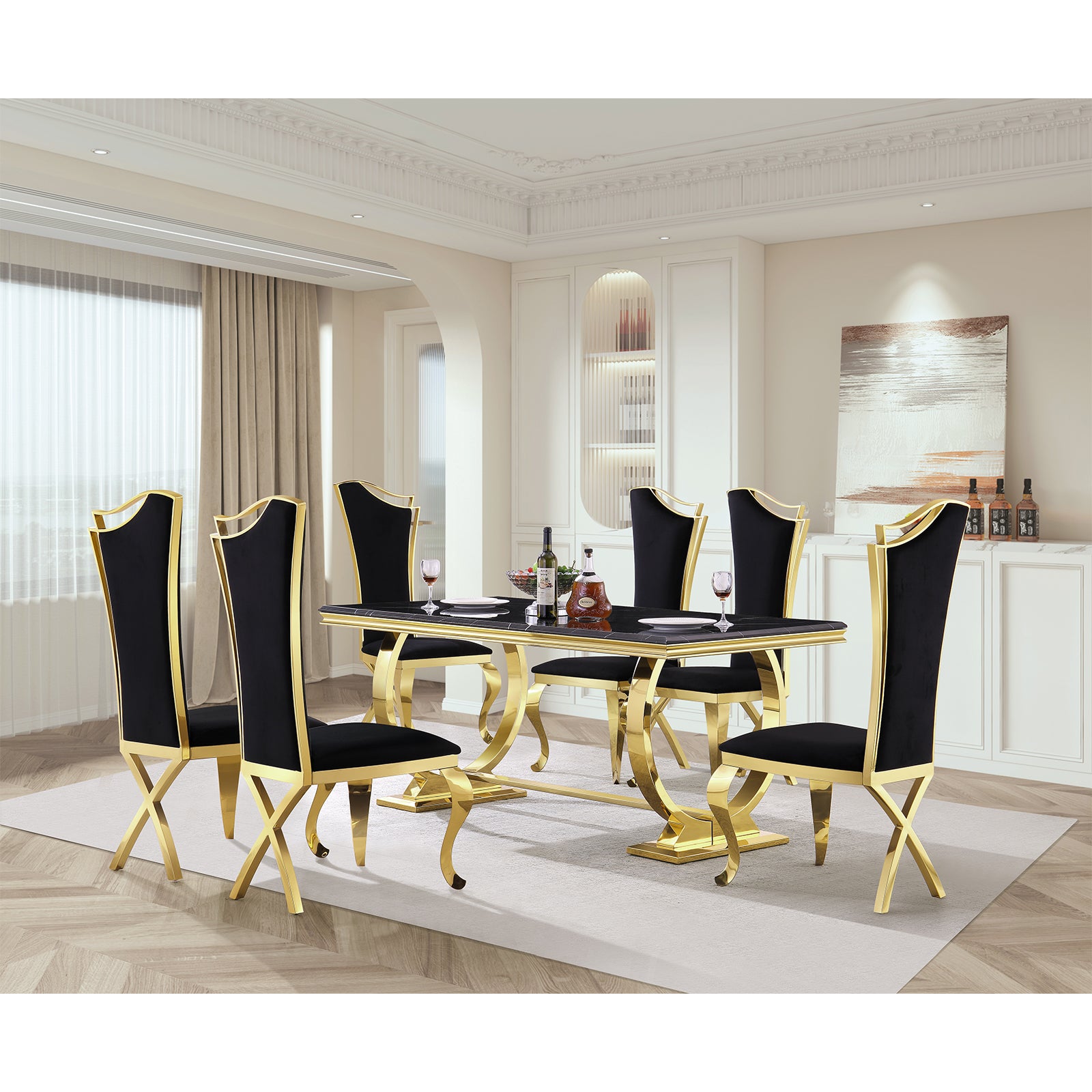 Black Velvet Dining Chairs | Streamlined High backrest | Gold Metal Legs | C166