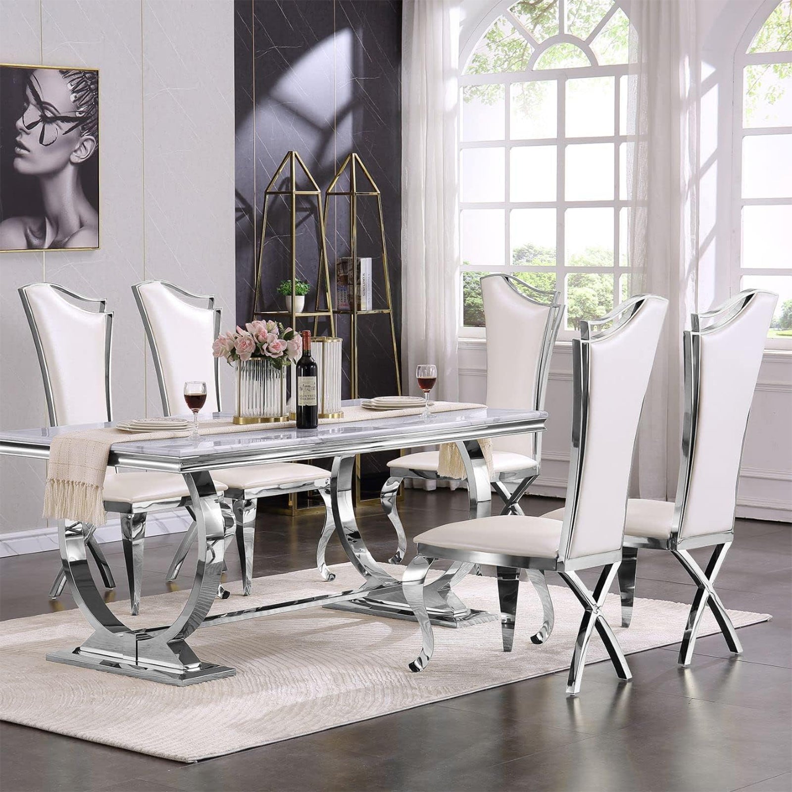 606-Set | AUZ White and Silver Dining room Sets for 6