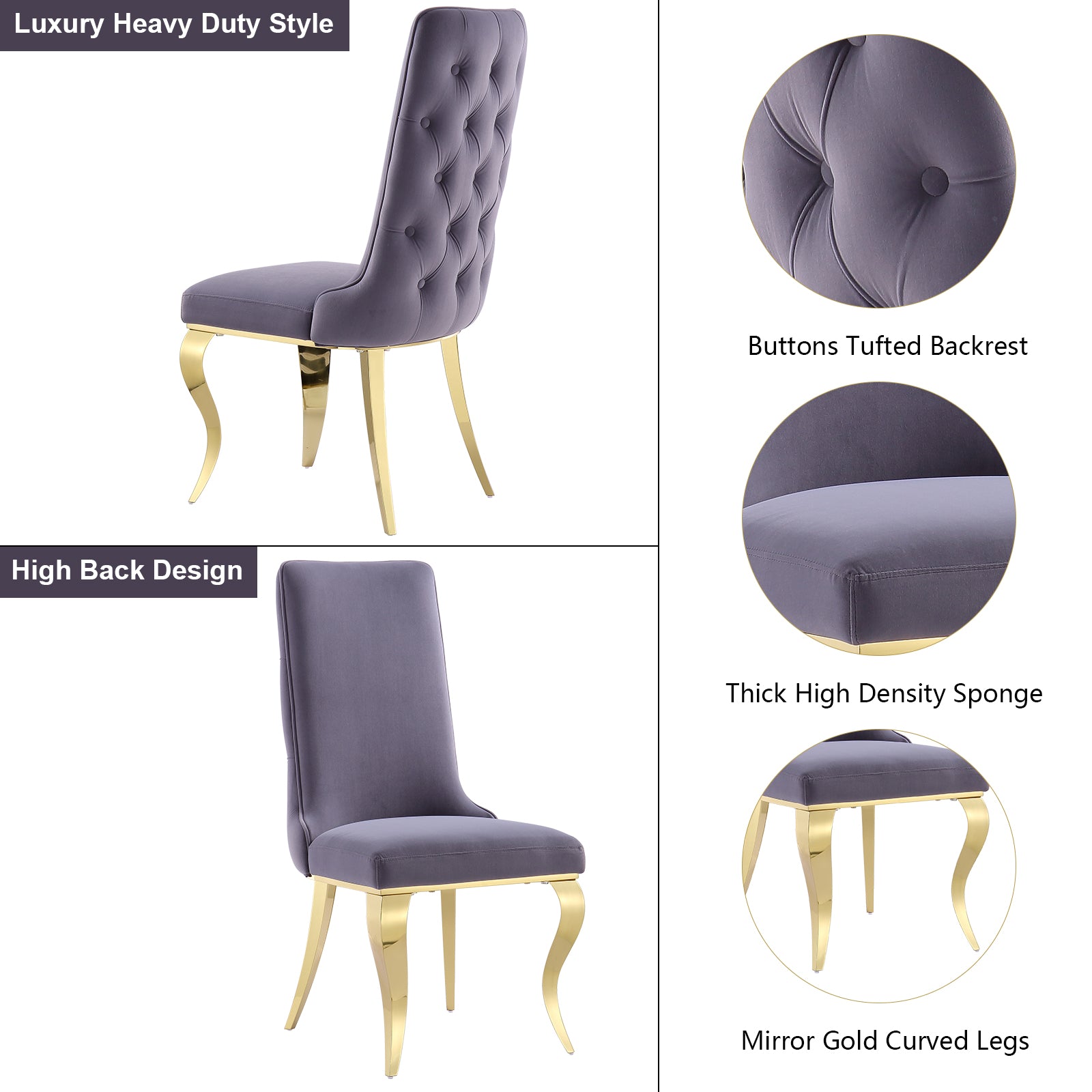 Gray velvet Dining Chairs | Button Back | Heavy duty | Gold metal legs | C160