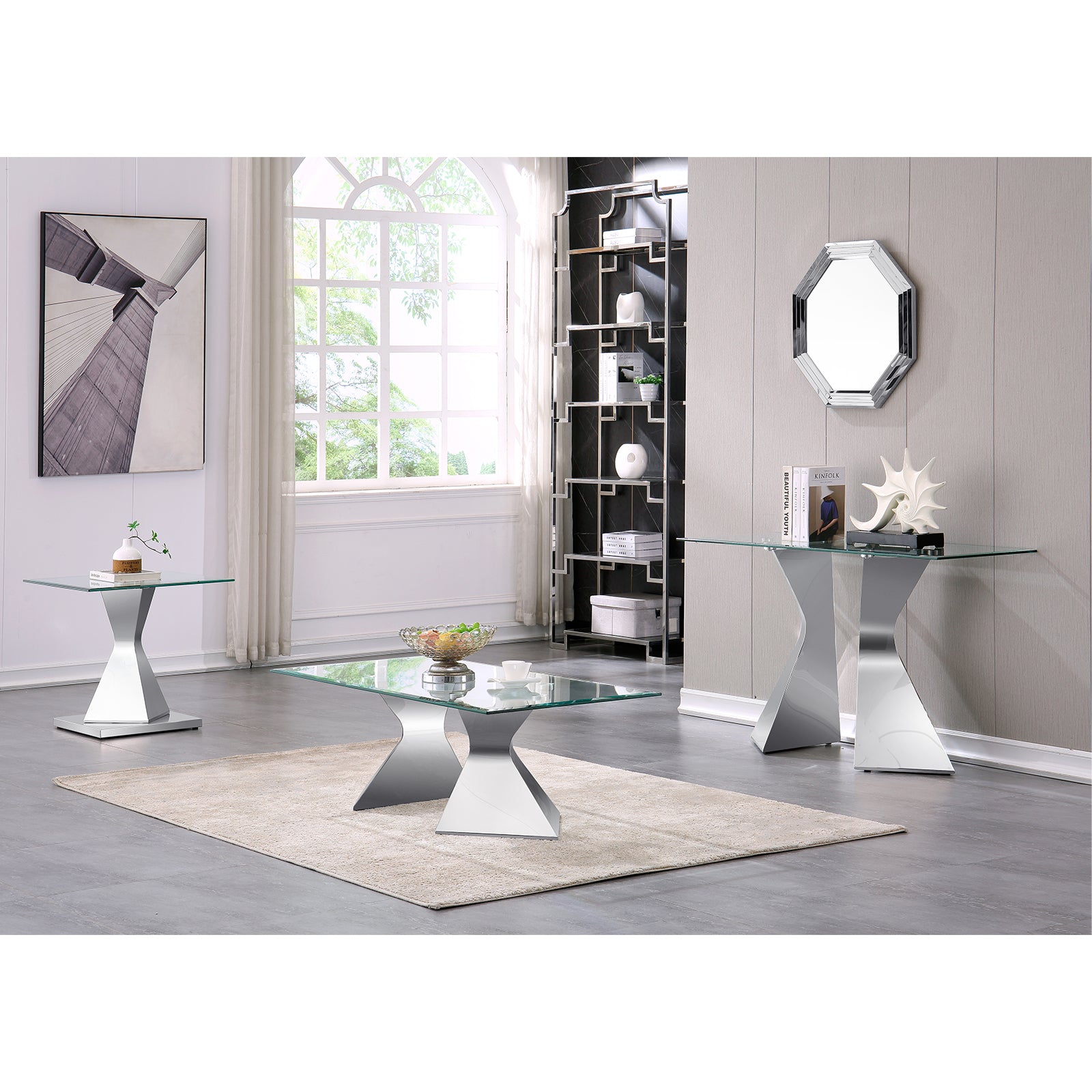 Glass Sofa Table with metal silver L-shaped legs | S519