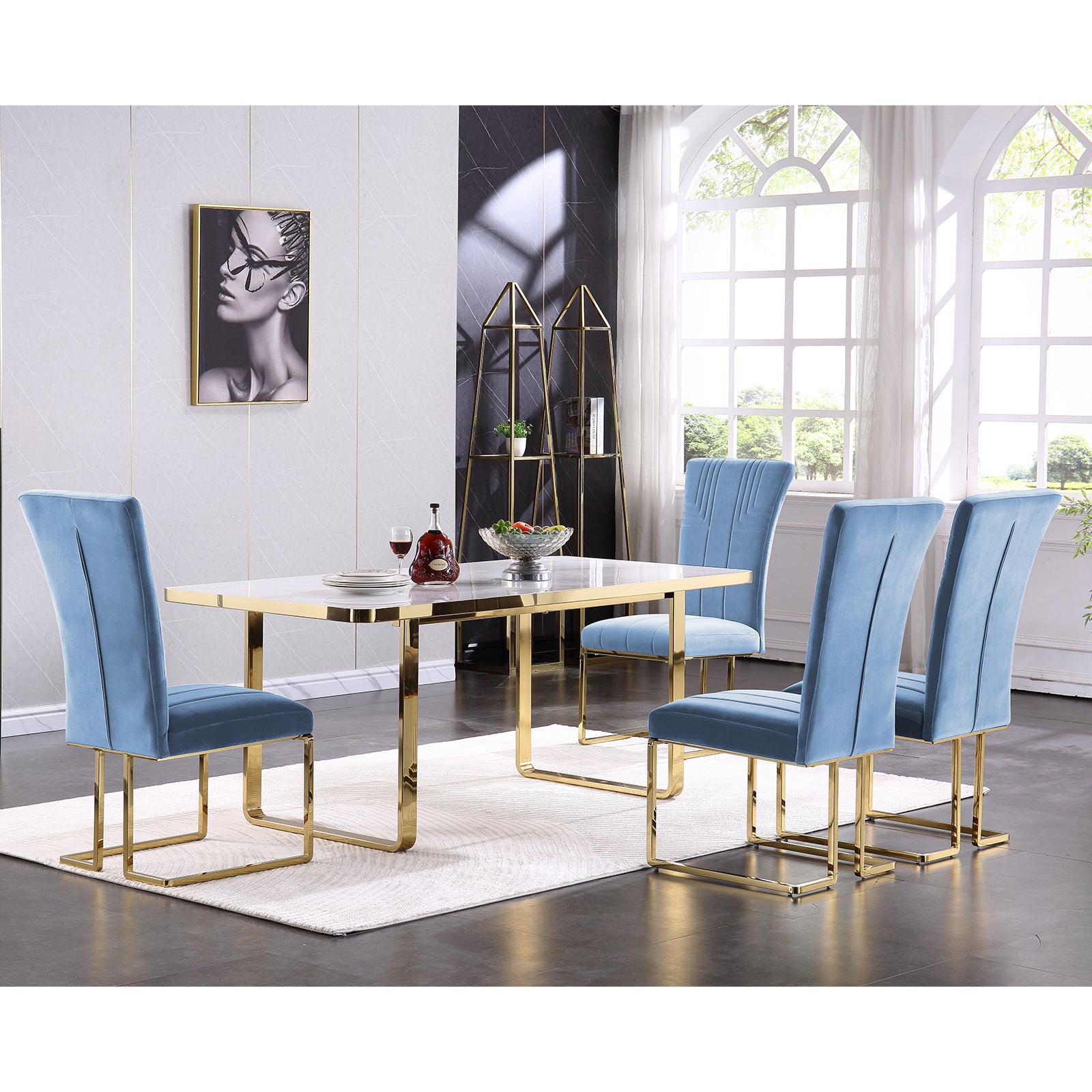 Sky Blue Velvet dining chairs | Metal Sled Base| C122