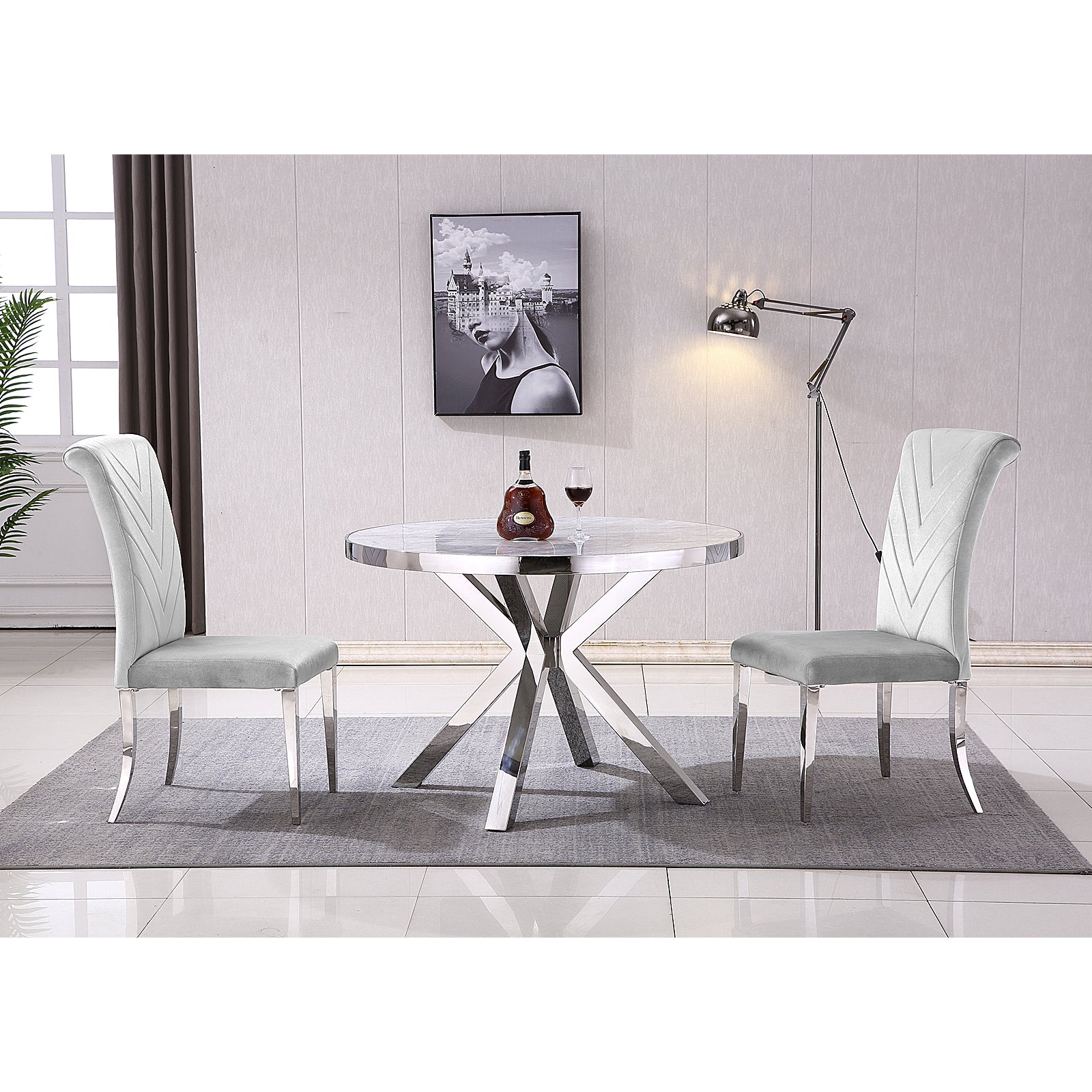 Grey silver dining chairs | High Rolled Back | Silver metal legs | C172