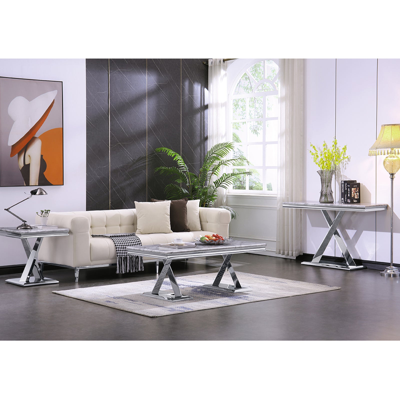 Silver Gray Coffee Table With Metal X Base | F302