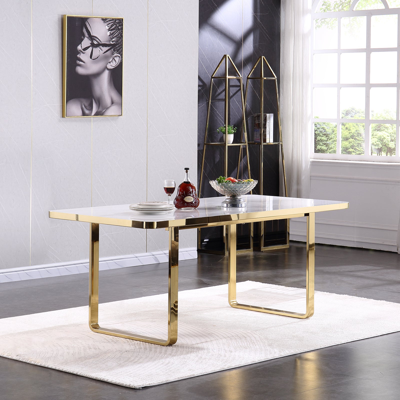 Dining room table with white glossy stone top and gold Metal U-Base for 6-Seat | T203