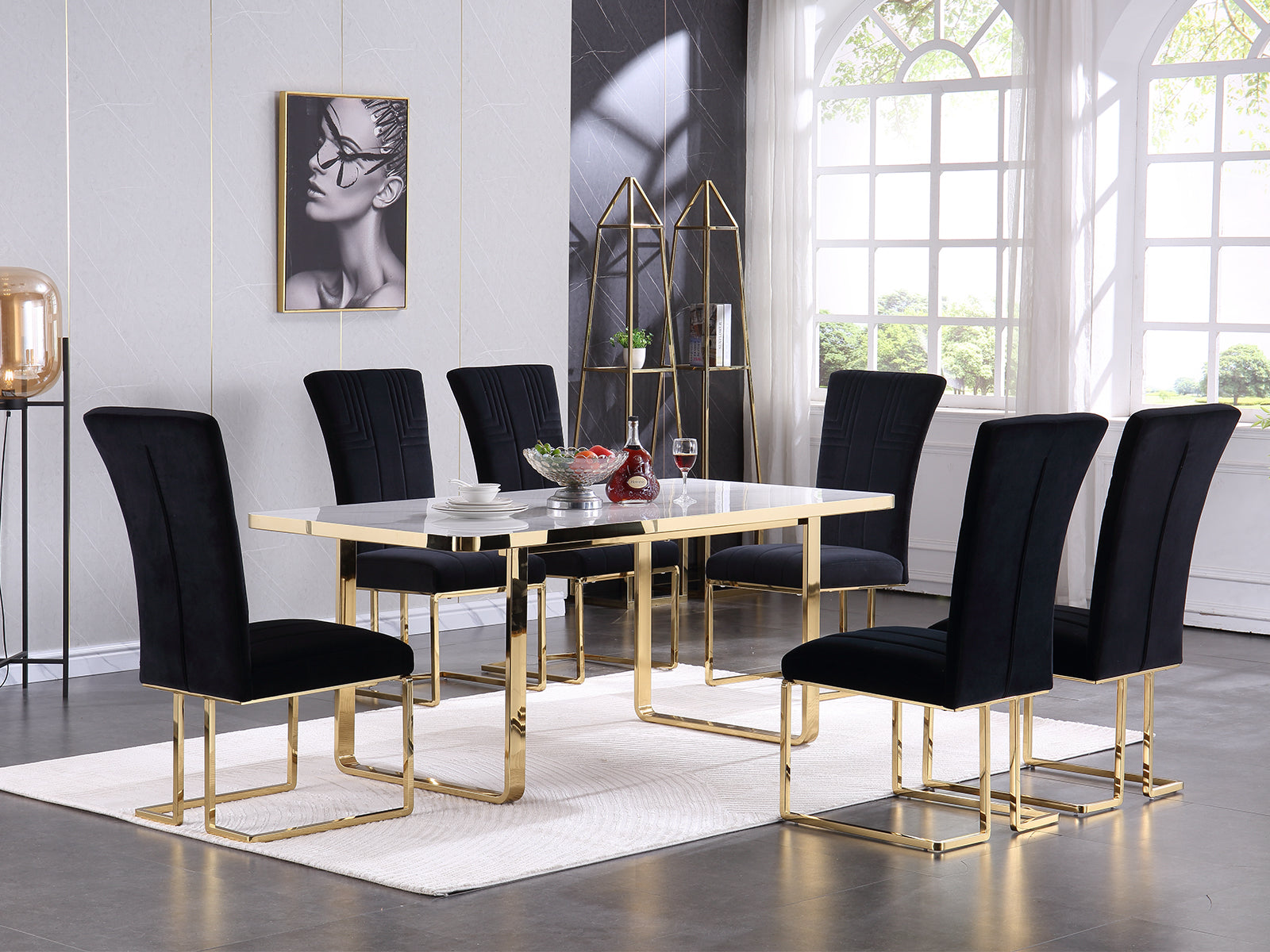 Dining room table with white glossy stone top and gold Metal U-Base for 6-Seat | T203