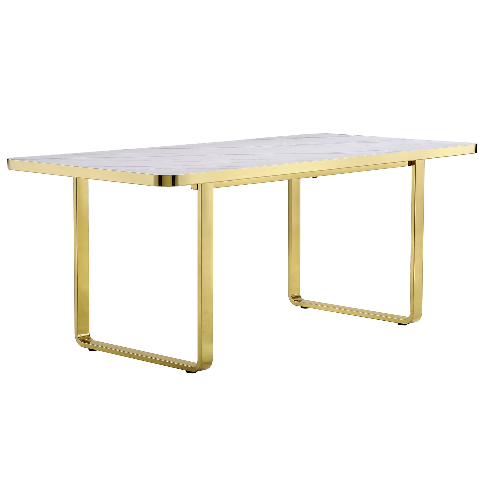 Dining room table with white glossy stone top and gold Metal U-Base for 6-Seat | T203