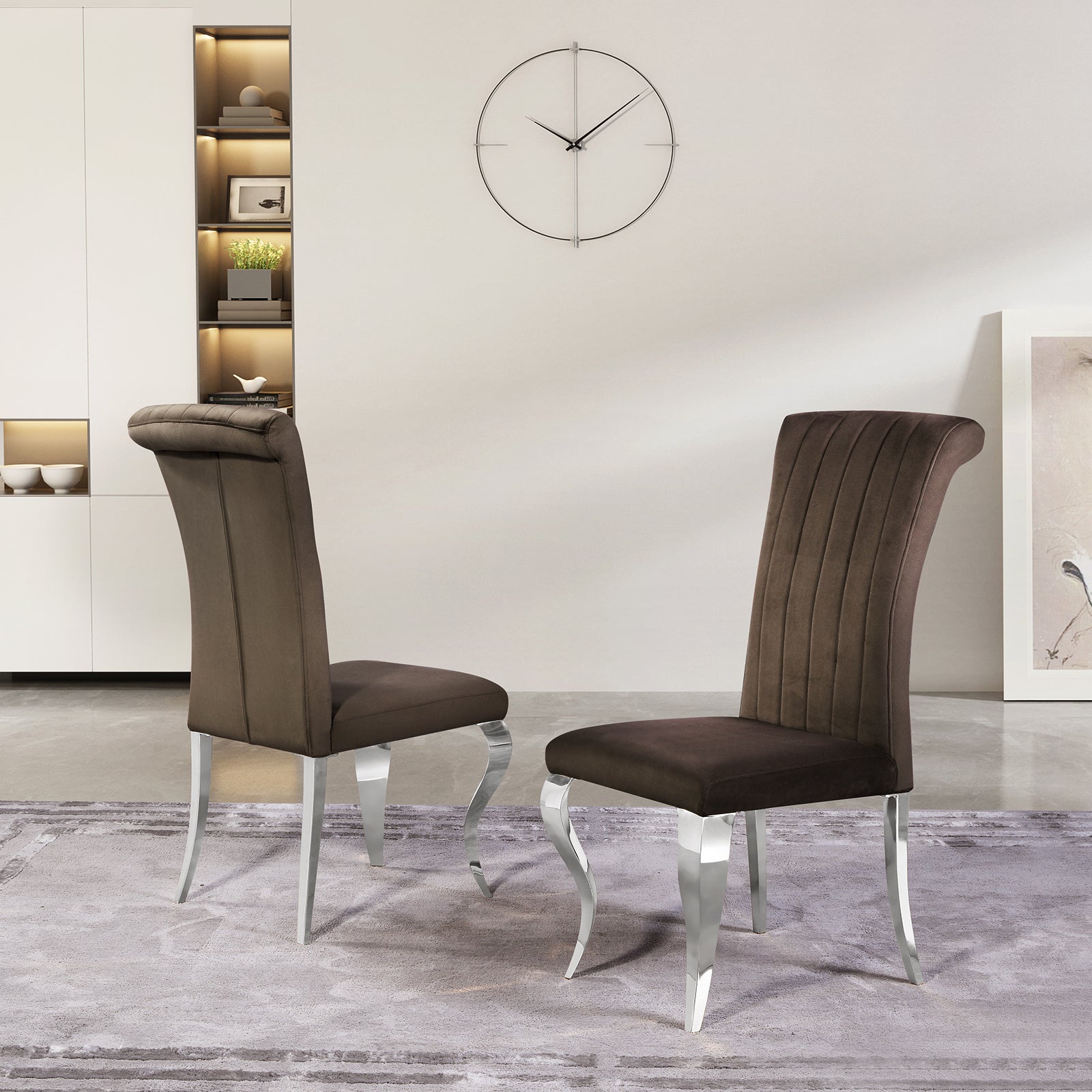 Brown Velvet Dining Chairs | Channel Roller Back| Silver metal legs | C131