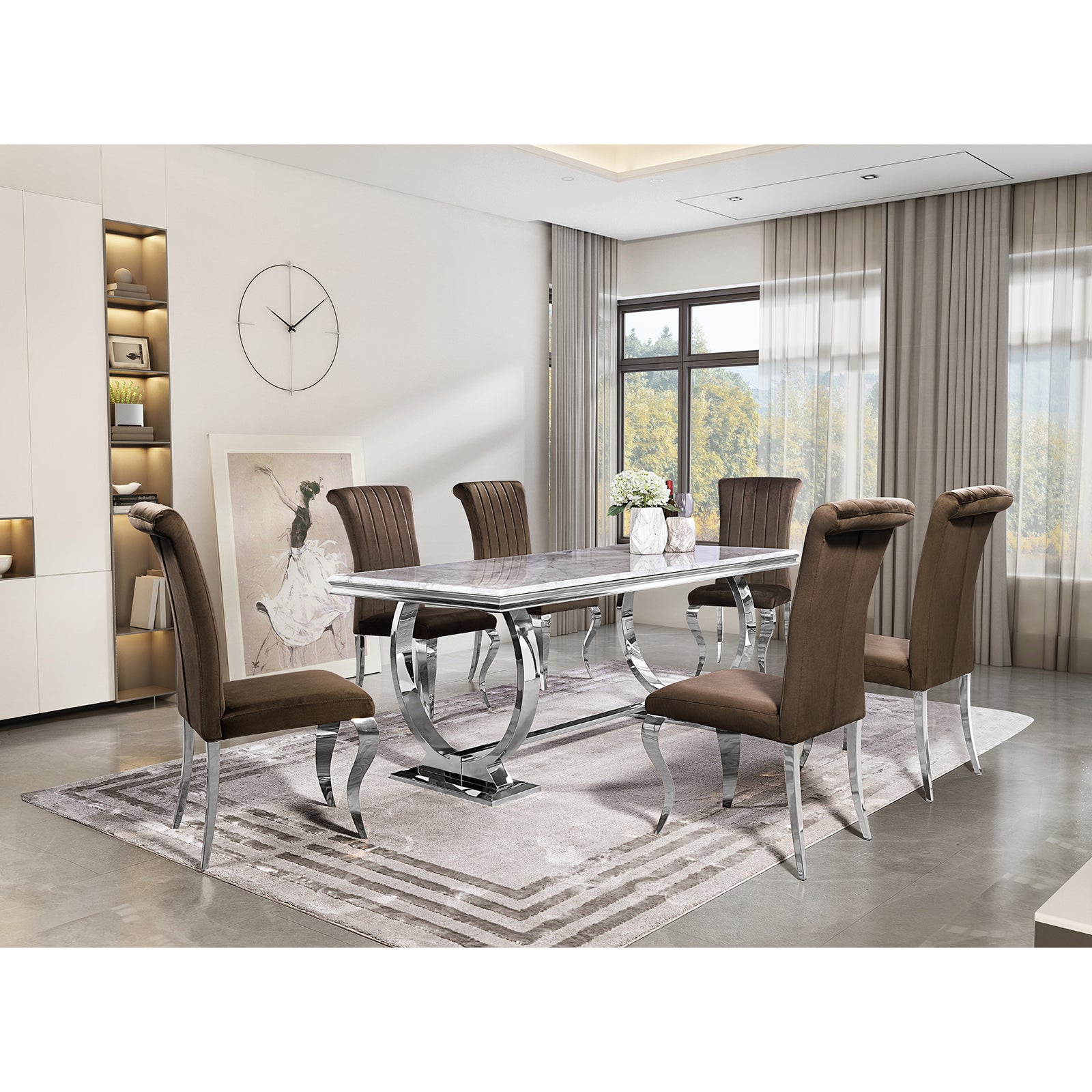 Brown Velvet Dining Chairs | Channel Roller Back| Silver metal legs | C131